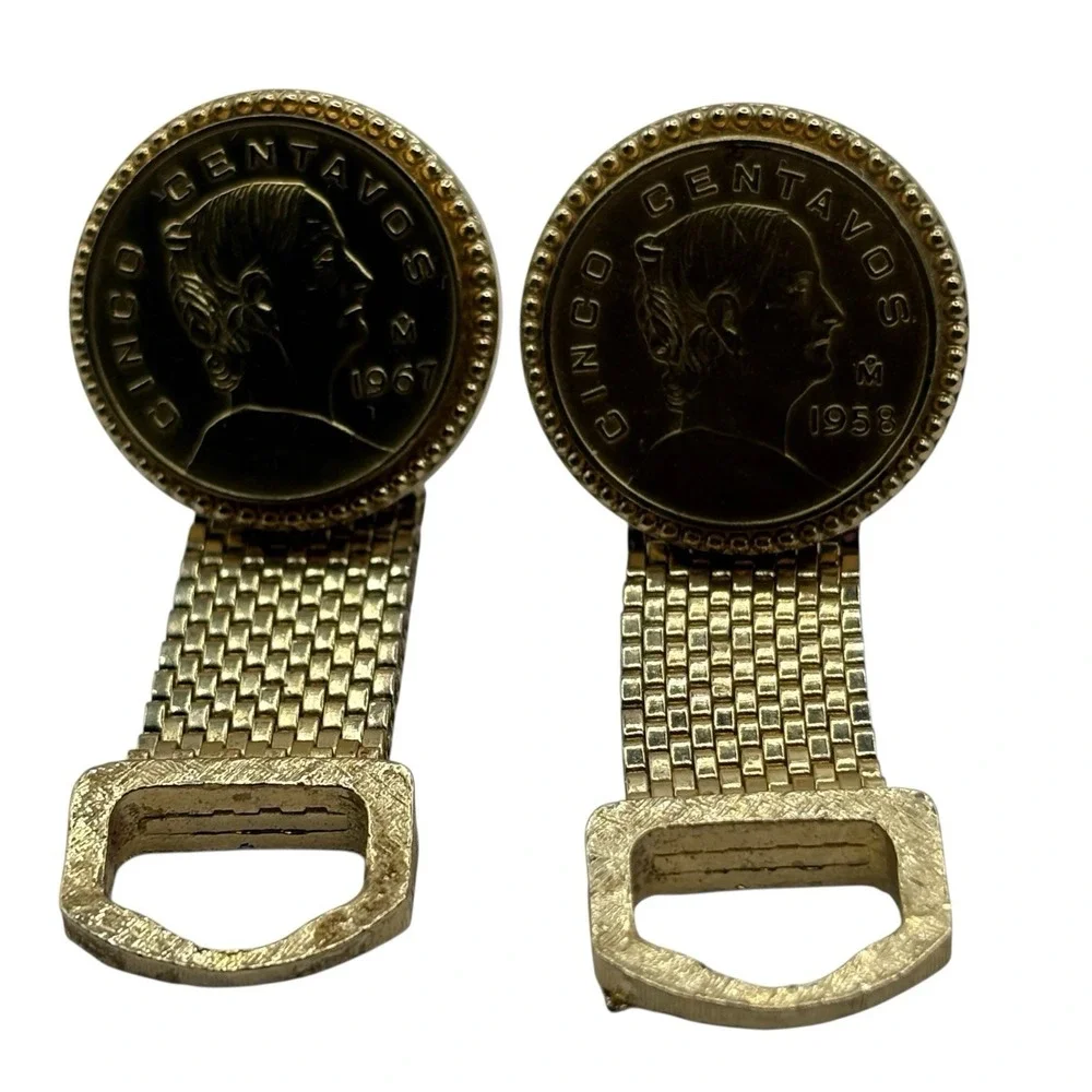 Mexican Coin‎ Cufflinks Mesh Wrap Around Gold Tone Vintage 50s 60s Cinco De Mayo